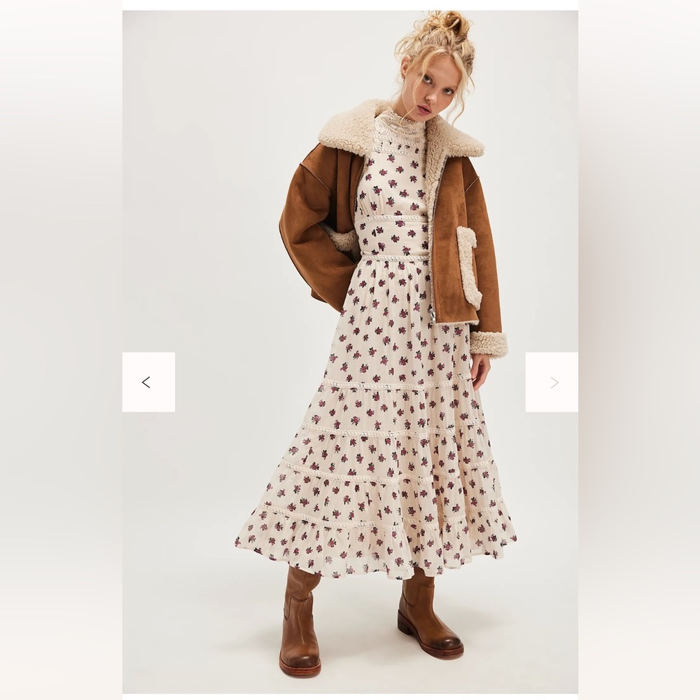 Free People Daydreamer Cream Rose Floral Midi Dress XS Tea Combo boho chic